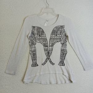 BeauTees Top Womens Large Elephant Print White Long Sleeve Scoop Neck Poly